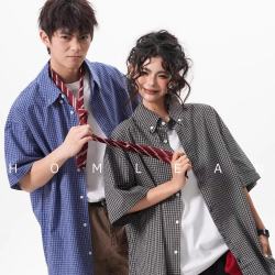 Homlean 美式格纹短袖衬衫男夏季休闲衬衣百搭宽松t恤外套上衣HS27蓝色XL