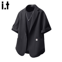 :CHOCOOLATE it短袖西服男士夏季设计感冰丝凉感休闲西装外套 黑色    2XL