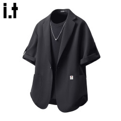 :CHOCOOLATE it短袖西服男士夏季设计感冰丝凉感休闲西装外套 黑色    2XL