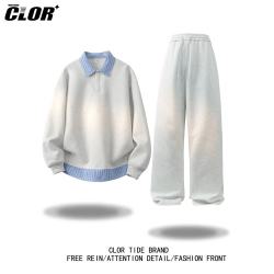 CLOR 假两件休闲运动套装男女复古宽松情侣百搭两件套TZ01花白灰2XL