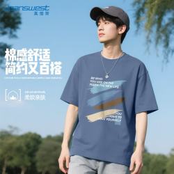 真维斯 纯棉短袖男2026夏季新款笔刷设计休闲潮流半袖衣服男生藏青色T恤