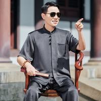 罗蒙 爸爸夏季套装男士冰丝中国风唐装短袖衬衫中老年人爷爷衣服新中式 深灰色套装
