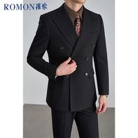 罗蒙 天丝莱赛尔棉羊毛双排扣西装礼服男黑色XL