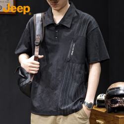 吉普 短袖T恤男士夏季冰丝Polo休闲衫薄款速干宽松男装 黑色 XL