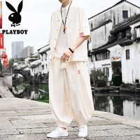 PLAYBOY 亚麻唐装男夏季刺绣短袖套装男高级感休闲中国风男装民族风套装 TZCG316
