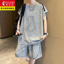 啄木鸟 猫咪短袖短裤套装男夏季新款休闲运动两件套青少年一整套帅气穿搭 灰色 XL （约