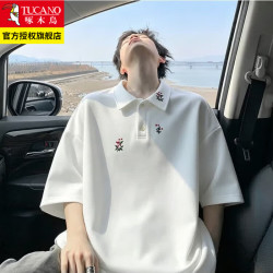 啄木鸟 花卉图案POLO衫短袖t恤男夏季美式重磅青少年潮牌高街半截袖上衣 白色 XL