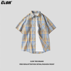 CLOR 格子短袖衬衫男士春夏款潮牌ins宽松休闲衬衣外套CLCX04-1黄蓝XL