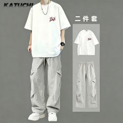 卡图弛 潮流纯棉运动套装男夏季短袖t恤搭配宽松工装裤子学生痞帅