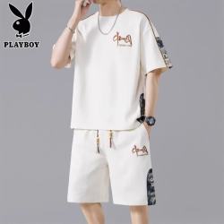 花花公子（PLAYBOY）国潮复古刺绣夏季冰丝运动套装男士新款短袖t恤休闲短裤一整套