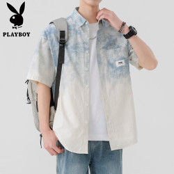 花花公子（PLAYBOY）纯棉短袖衬衫男士夏季冰感薄款五分袖衬衣潮流渐变色半袖寸衫外套