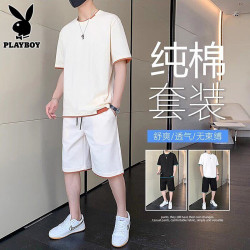 花花公子（PLAYBOY）休闲运动套装男士夏季新款纯棉宽松圆领短袖T恤短裤两件套潮流