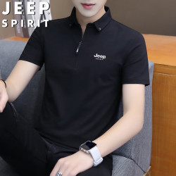 JEEP SPIRIT 吉普短袖T恤男夏季polo衫半袖商务休闲翻领修身 黑色 XL