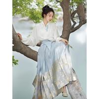 闻莺燕 改良汉服成人女马面裙高级中国风白色飞机袖+晴山蓝马面裙 M （建议体重100-115斤）