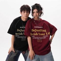 摘星少年 球衣风美式短袖T恤复古上衣宽松男女夏季运动休闲情侣插肩袖短t 黑色 XL