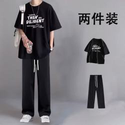 摘星少年 夏季短袖T恤套装男生ins休闲穿搭潮牌帅气一整套男装学生运动两件 直筒黑+T155黑 M