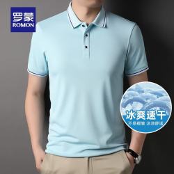 罗蒙 冰丝凉感短袖t恤衫男夏季新款男士纯色翻领上衣爸爸装送父亲礼物 406浅蓝 2XL (180)