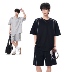 月伊纺 夏季新款运动休闲套装男华棉大码舒适两件套青年百搭短袖短裤套装