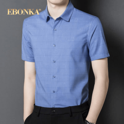 Ebonka品牌男装短袖衬衫男士夏季新款薄款中年商务休闲格子衬衫 蓝色 M 170 适合120斤以内