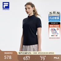 FILA 女子针织半拉链修身短袖T恤 深黑 L