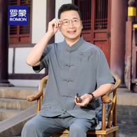 罗蒙 唐装男中老年爸爸短袖男夏装套装中国风老人衣服爷爷装男士汉服 2510深灰色男套装 XL 180/41