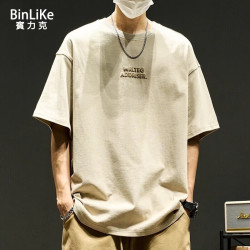 BINLIKE短袖t恤男士简约日系百搭字母圆领体恤夏季半袖美式重磅纯棉t恤