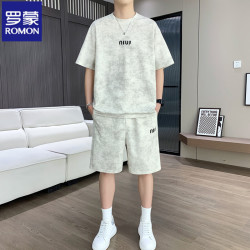 罗蒙 冰丝扎染休闲套装男士短袖t恤2026夏季薄款潮流运动短裤两件套 米白色 L 适合120-140斤