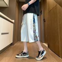 月伊纺 夏季宽松直筒七分裤男士拼接刺绣新中式休闲裤青年潮流百搭沙滩裤