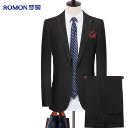 罗蒙 西服套装男士修身款职业正装弹力西装套装商务新郎服结婚礼服男装