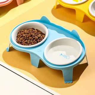 泰格宠物 陶瓷双碗 黄色食架 斜口防打翻 猫碗