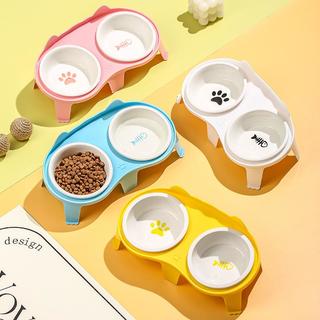 泰格宠物 陶瓷双碗 黄色食架 斜口防打翻 猫碗