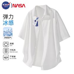 NASA GISS 短袖衬衫男港风休闲薄款冰丝纯色宽松百搭透气衬衣男 白色 XL