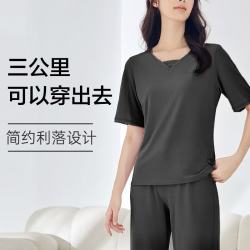 欧迪芬 家居服休闲睡衣亲肤透气柔软顺滑短袖长裤套装女XH3777O 黑色 M