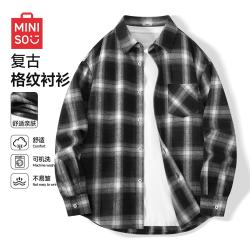 名创优品 秋季百搭长袖衬衫男生复古撞色翻领格纹设计感上衣男B 黑格 2XL