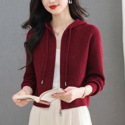 纯100羊毛衫 女士短款连帽针织开衫