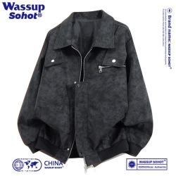 Wassup Sohot 夹克男春秋新款美式复古PU皮衣外套宽松翻领上衣 黑色 M