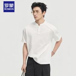 罗蒙 夏季小立领时尚设计感短袖T恤男士宽松休闲体恤衫 白色    3XL