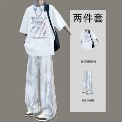 鲁雅尔 潮流百搭套装男生夏季潮牌短袖t恤青少年穿搭帅气薄款搭配两件套 白色短袖+白色休闲裤 XL