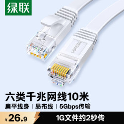 绿联 六类网线 扁平千兆网络宽带线 CAT6类家用电脑监控网线隐藏走线 8芯双绞成品跳线 10米灰白色25010