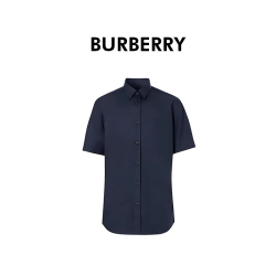 BURBERRY 巴宝莉新款男士蓝色纯色纽扣下格纹短袖衬衫80914361 XL七夕