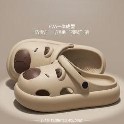 双萌 新款卡皮巴拉洞洞鞋eva厚底女鞋夏季外穿防滑家居凉拖鞋 卡其色 42-43