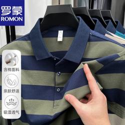 罗蒙 短袖T恤男夏季翻领休闲商务条纹体恤半袖polo衫 军绿色 XL