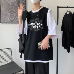 摘星少年 衣服男夏季短袖港风假两件七分袖套装男潮流帅气一套衣服男学生宽松七分袖T恤 Y66黑色 3XL