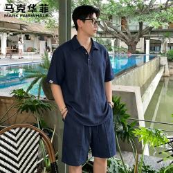 马克华菲 老钱风亚麻polo衫短袖套装男夏季度假运动短裤两件套大码 藏青