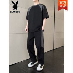 PLAYBOY 冰丝休闲套装男士2026年夏季短袖t恤搭配运动长裤男一套 黑色