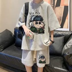 摘星少年 华夫格新款短袖短裤休闲套装夏季青少年一套搭配帅气两件套潮牌12 灰色两件套 2XL