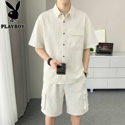 PLAYBOY 男士夏季格子短袖polo衬衫套装男装夏季宽松休闲青年两件套运动翻 米白色 2XL