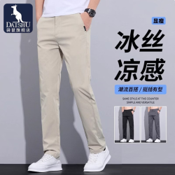 袋鼠 冰丝休闲裤男士裤子夏季薄款2026新款夏季商务男裤直筒修身长裤子