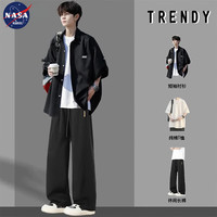 NASA MARVEL 三件套冰丝短袖衬衫男士夏季套装潮牌休闲高中学生工装裤男装衣服