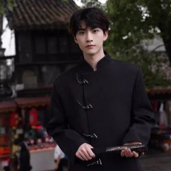 嘉晔 JIAYE新中式西装外套男小众设计感中国风西服高级感立领上衣垫肩中山装 黑色 XL